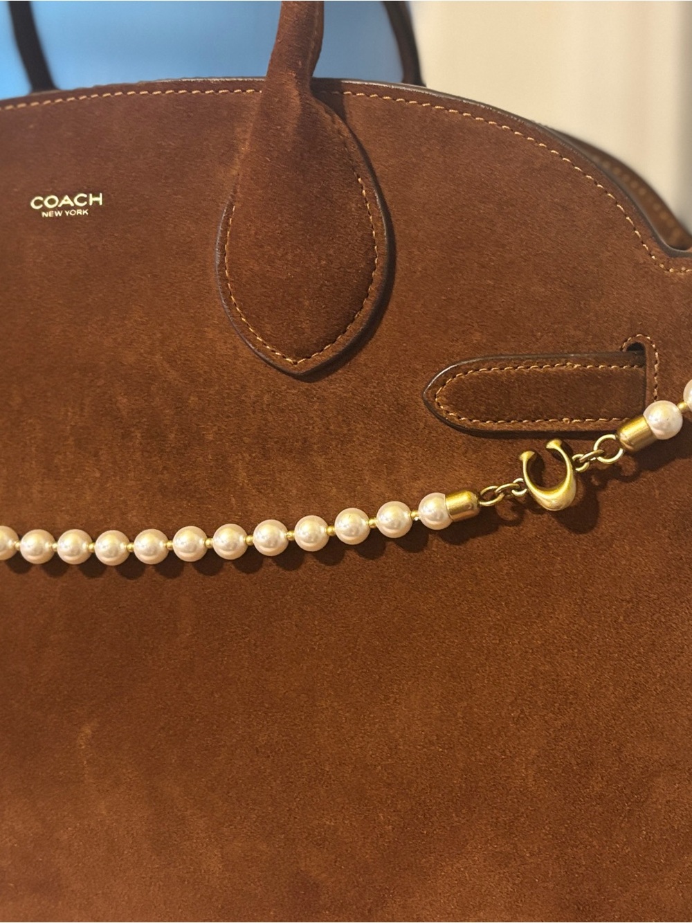 Coach Soft Empire Carryall Bag 40 in Brown Suede Satchel with Pearl Accent Strap - Picture 3 of 15